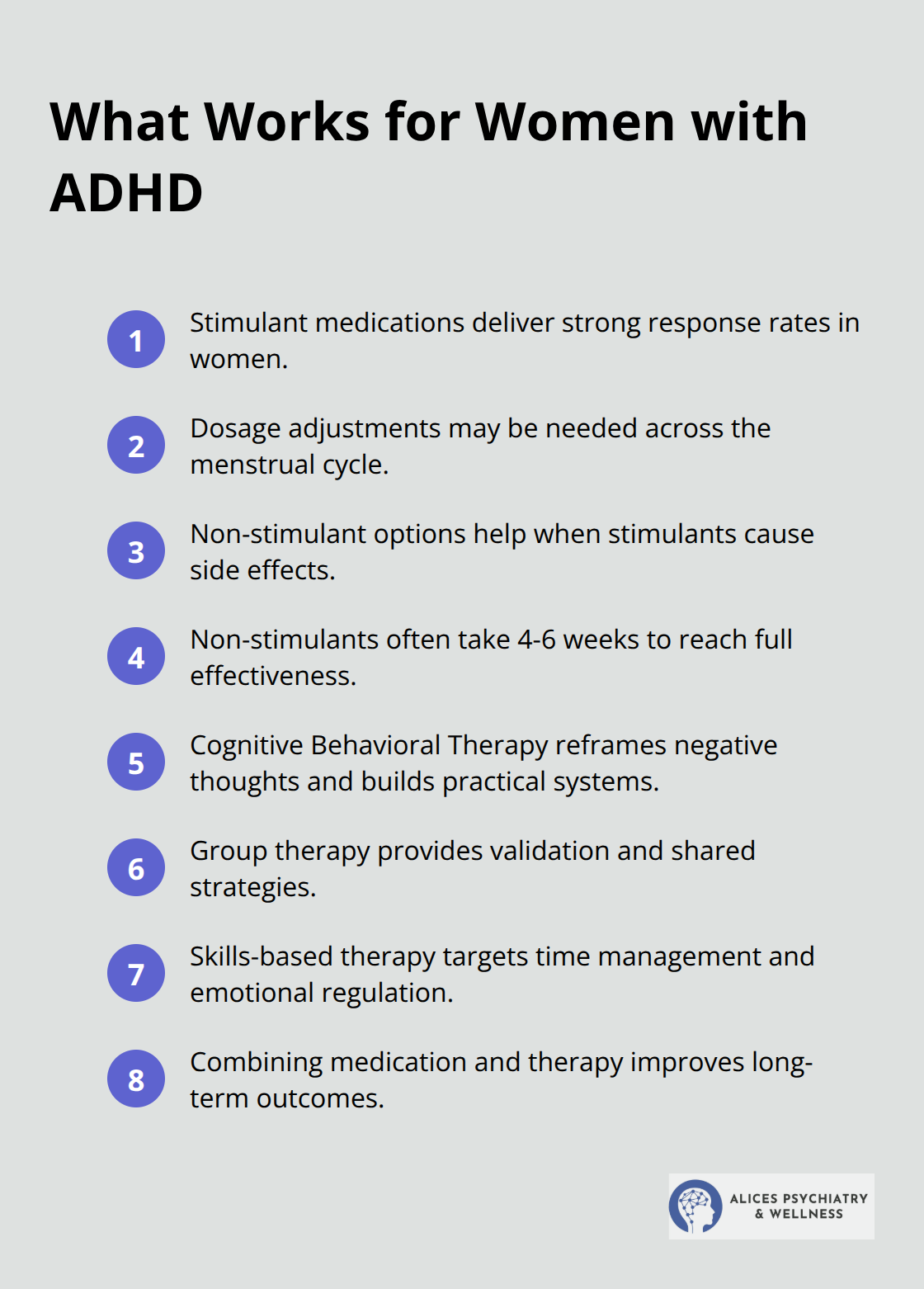 Compact list of effective ADHD treatments and supports for women.