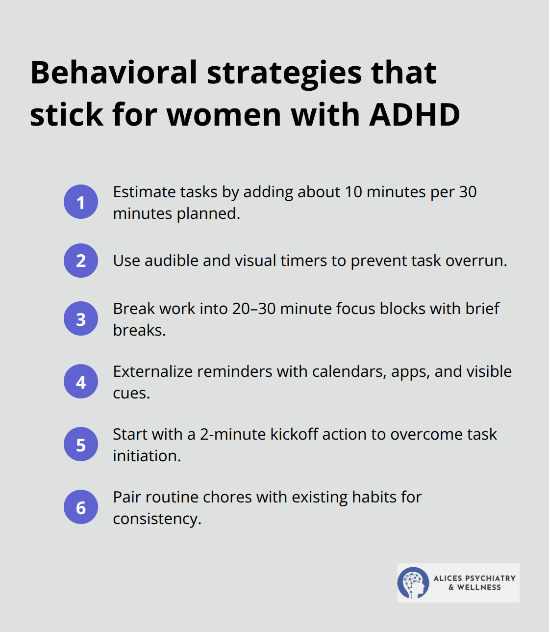 Compact list of practical ADHD behavioral strategies including time padding, timers, and habit pairing.