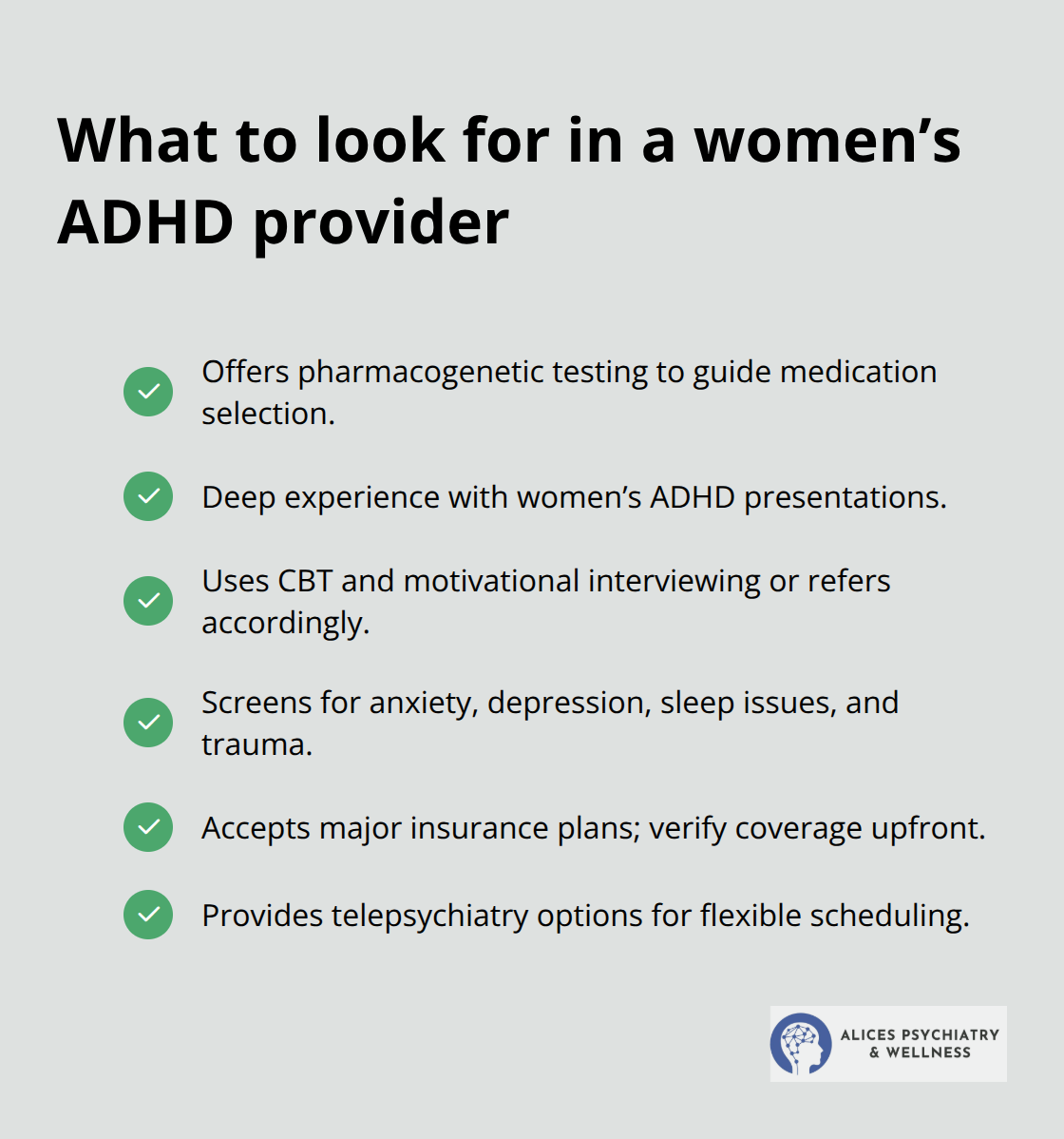 Checkmarked list of provider must-haves for women with ADHD, including pharmacogenetic testing and comprehensive screening. - female adhd treatment