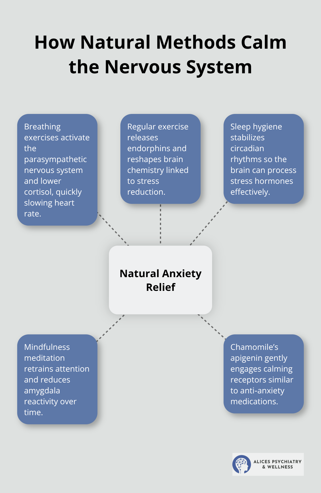 Infographic showing how natural methods reduce anxiety by targeting the stress response