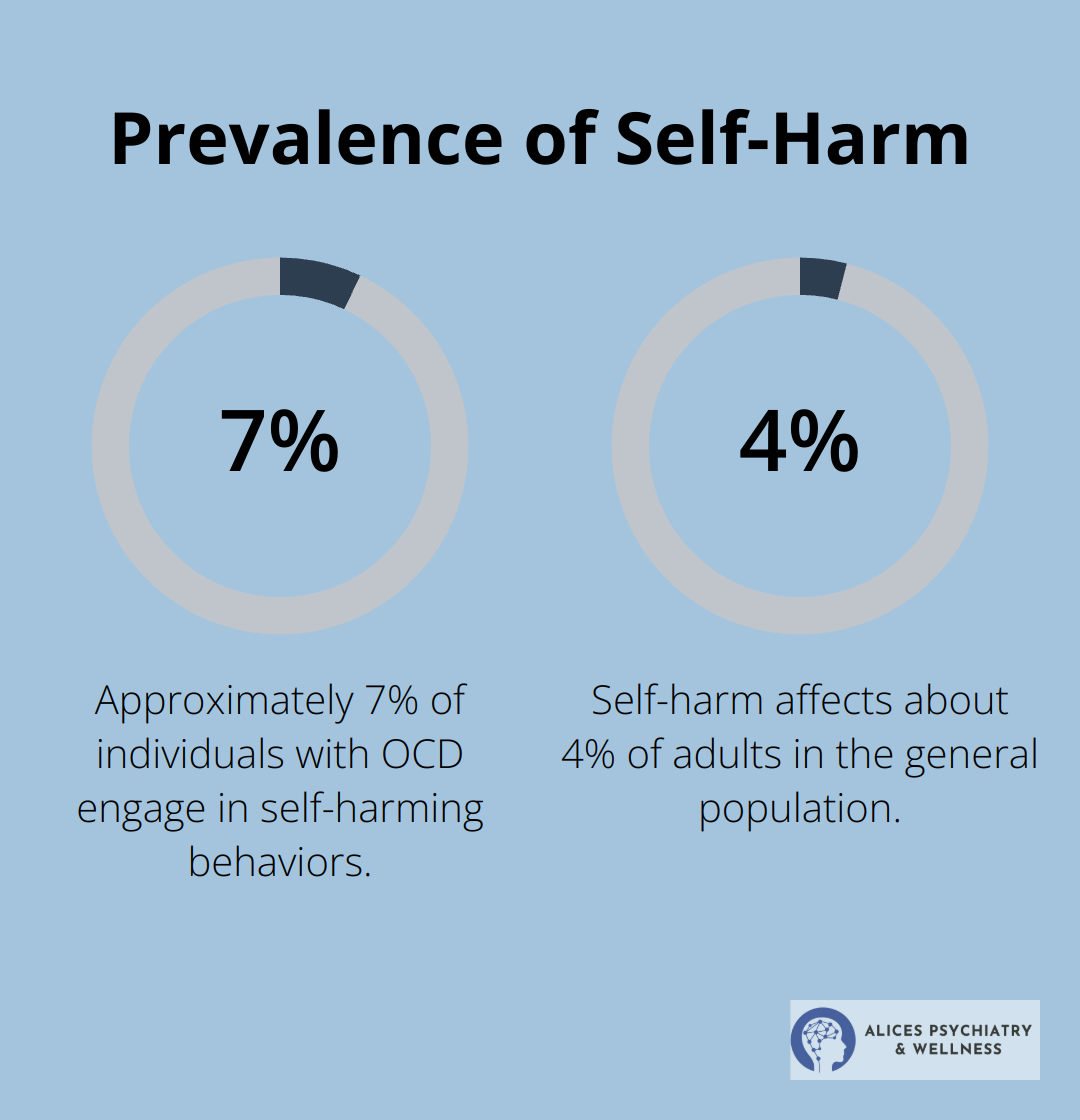 Chart comparing self-harm rates: 7% in OCD patients vs 4% in general population
