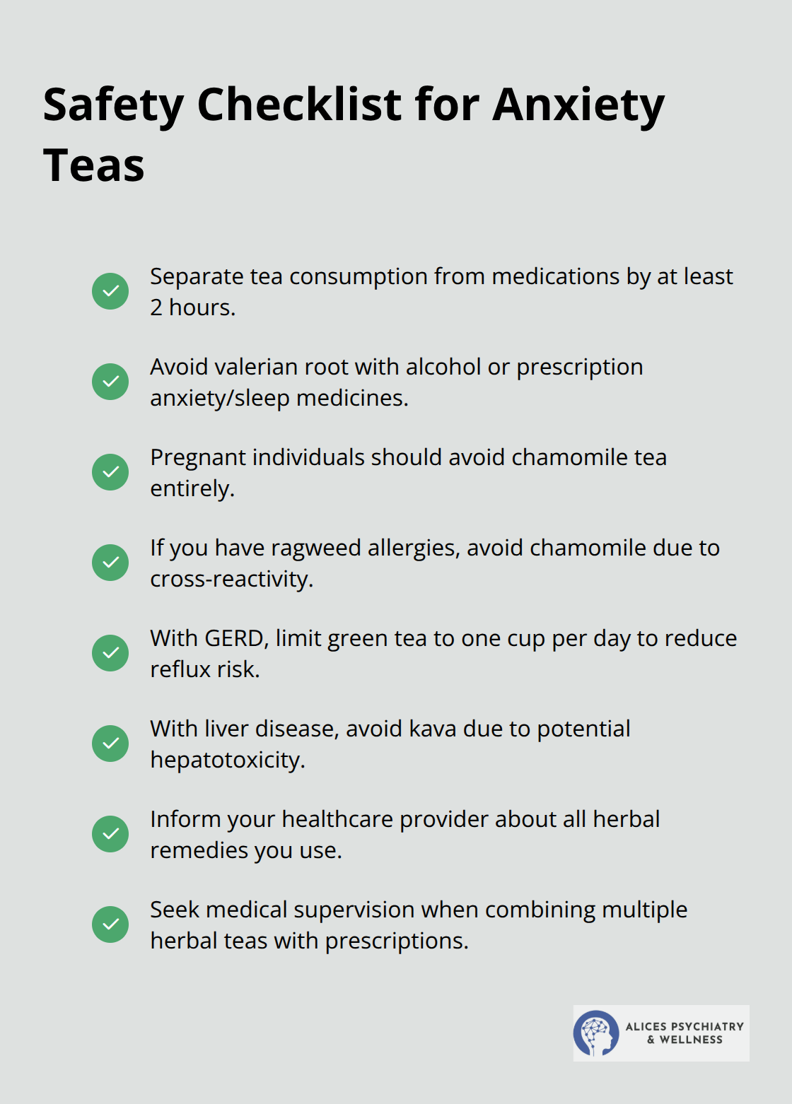 Checklist of key safety precautions and when to seek professional guidance for anxiety teas.